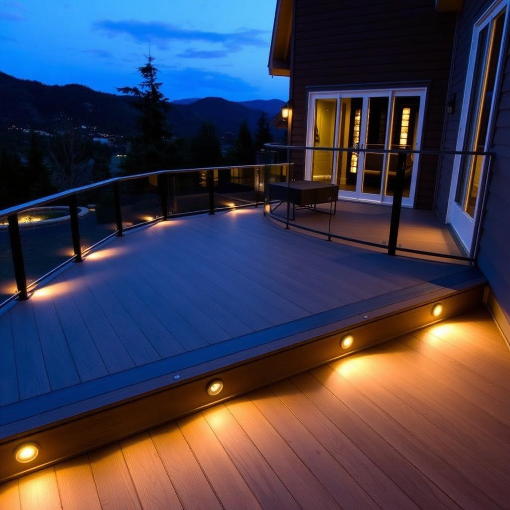 Elevated composite deck with under-deck lighting at dusk