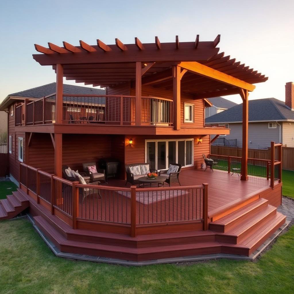 Multi-level wooden deck with pergola