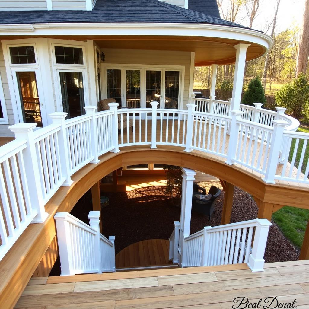 Wraparound wooden deck with white railings